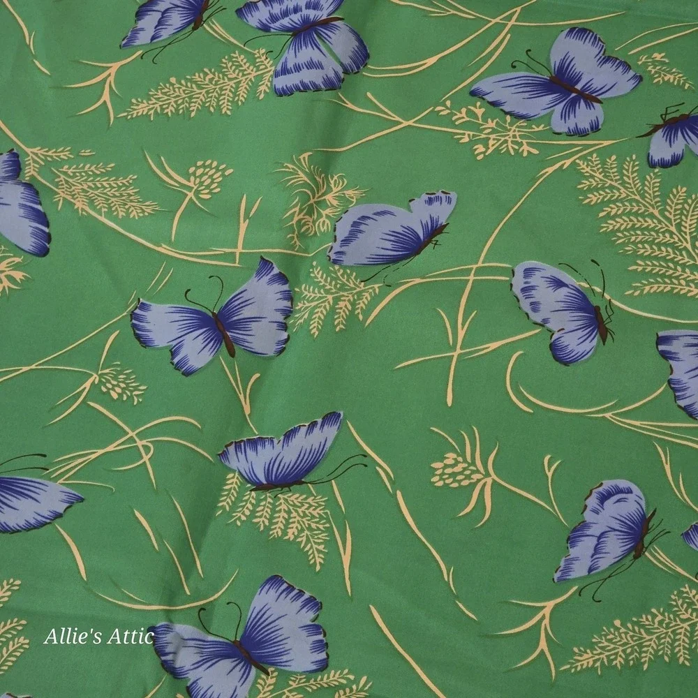 Vintage Butterfly Fabric Oriental Asian Green Blue Gold Floral Silky 3+ Yd